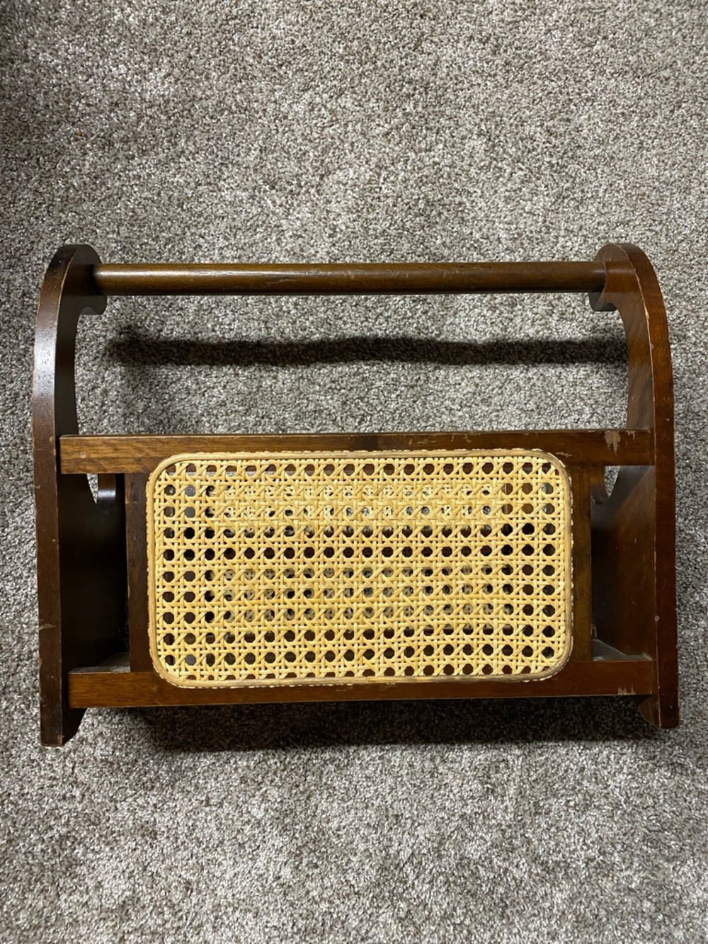 Vintage wicker rattan & wood vinyl record caddy magazine rack